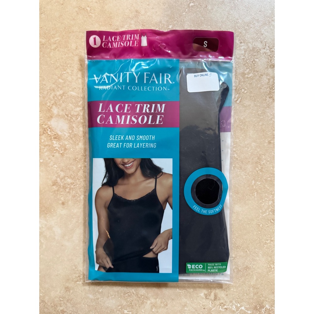 Vanity Fair Camisole Women S Black Lace Trim Radiant Collection Sleek Smooth NEW